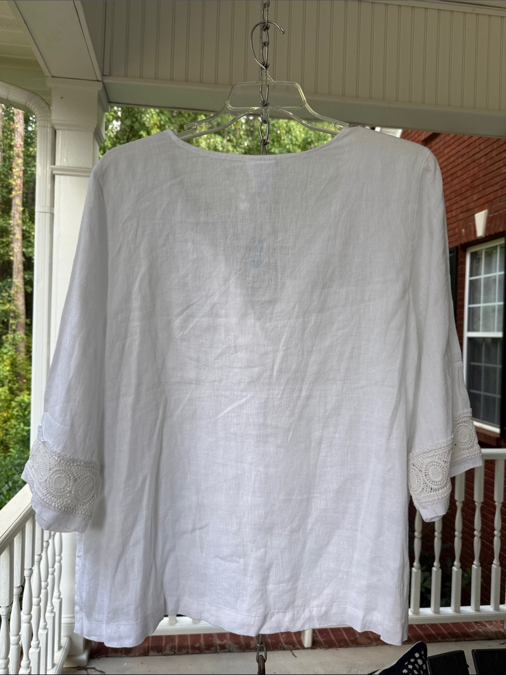 Sigrid Olsen White Linen V-Neck Tunic Top with Lace Trim - Picture 7 of 8